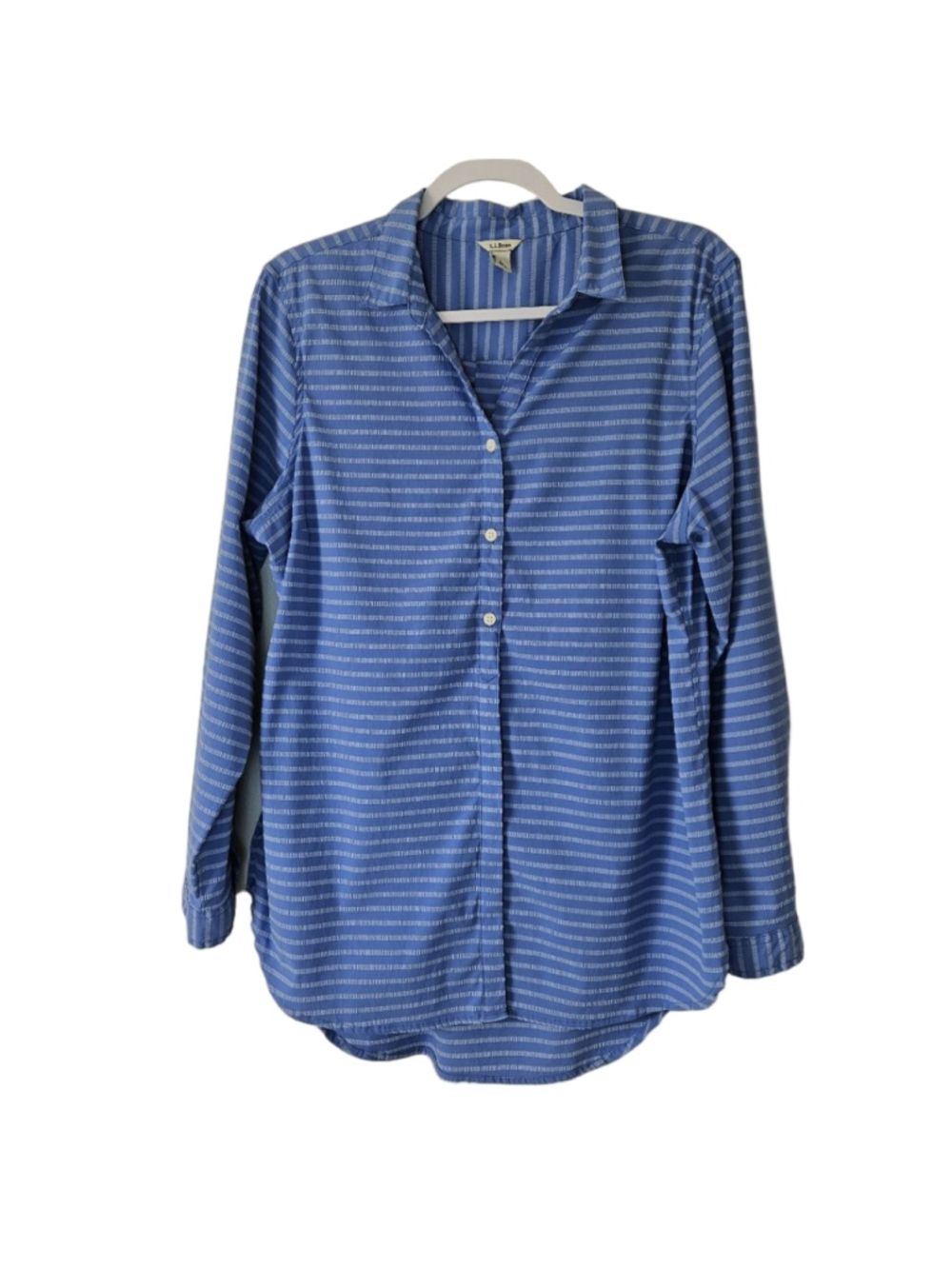 L.L.Bean Blue Striped Roll Tab Sleeve Button Down Shirt Sz L Outdoor Hiking - Picture 3 of 12